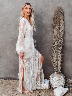 Womens Boho Beach V Neck Floral Embroidered Lace Wedding Maxi Dress Bridesmaid Evening Party Dresses