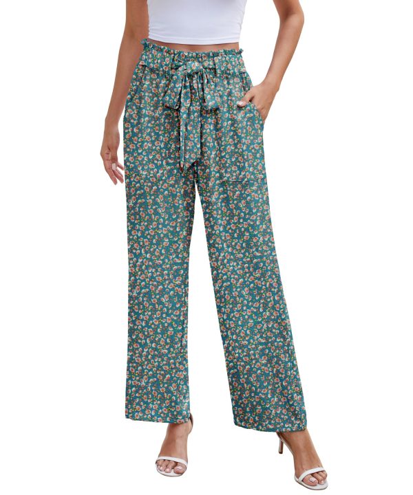 Women Summer Casual Wide Leg Pants High Waisted Elastic Tie Knot Boho Beach Trousers with Pockets