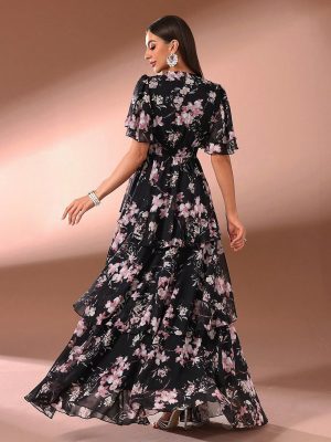 Summer Casual Dresses for Women 2024 Spring Fashion Boho V Neck Long Sleeve Ruffle Floral Print Elegant Maxi Dress