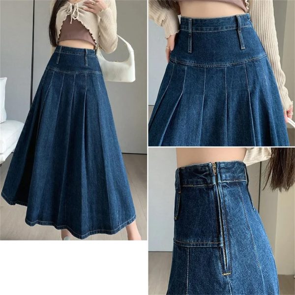 Women Pleated Jeans Skirts Vintage High Waist Long Washing Straight Loose Denim Midi Skirts