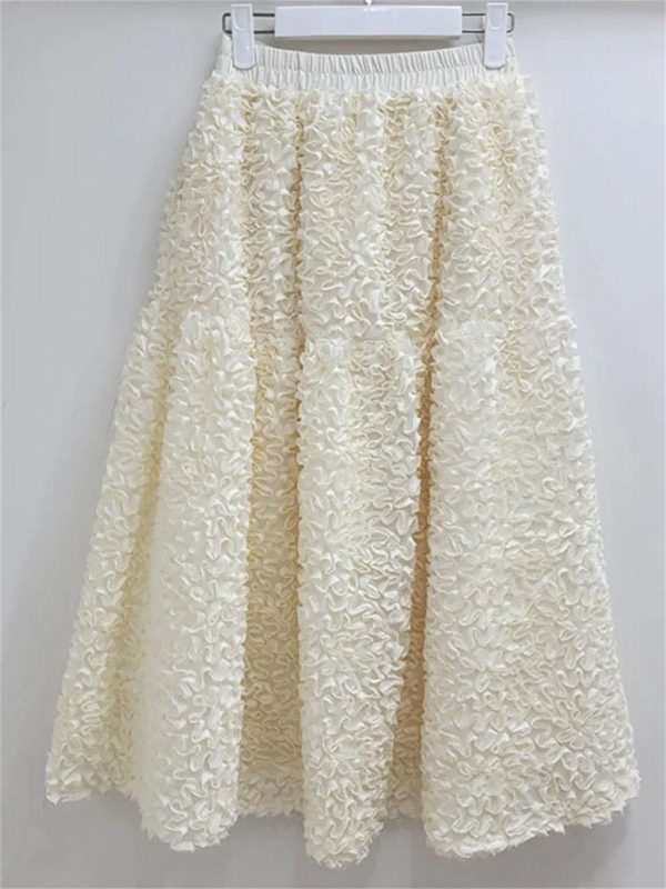 Women's 3D Floral Maxi Skirt, Elastic High Waist Ruffled Hem A-Line Skirt