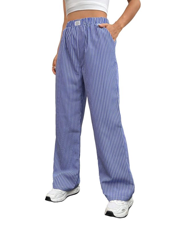 Women's Straight Wide Leg Trousers Striped Print Letter Patched Detail High Waist Y2K Fashion Pants