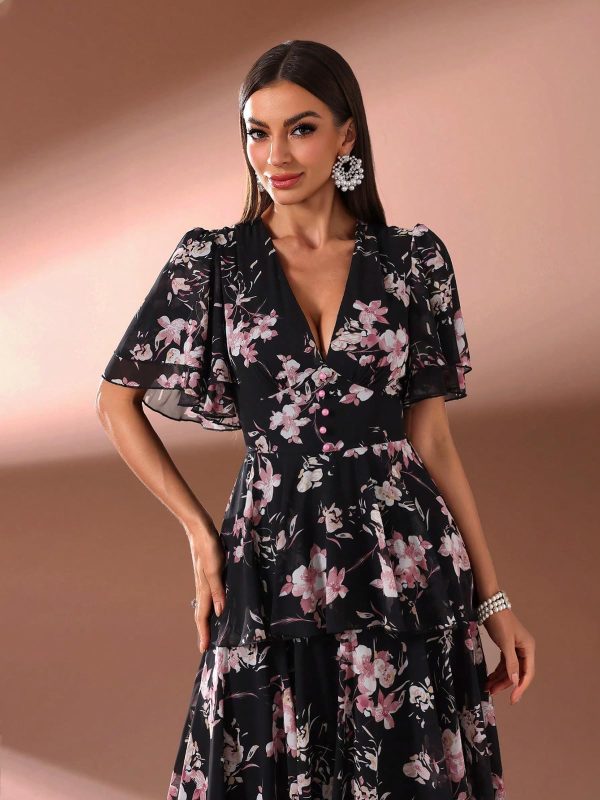 Summer Casual Dresses for Women 2024 Spring Fashion Boho V Neck Long Sleeve Ruffle Floral Print Elegant Maxi Dress