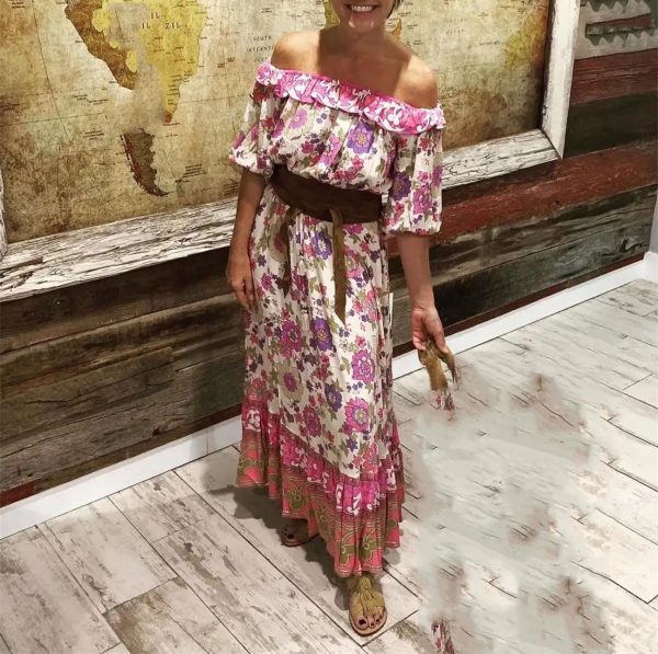 Women's Floral Resort Set - Slash Neck Ruffle Blouse & High Waist Maxi Skirt in Soft Pink