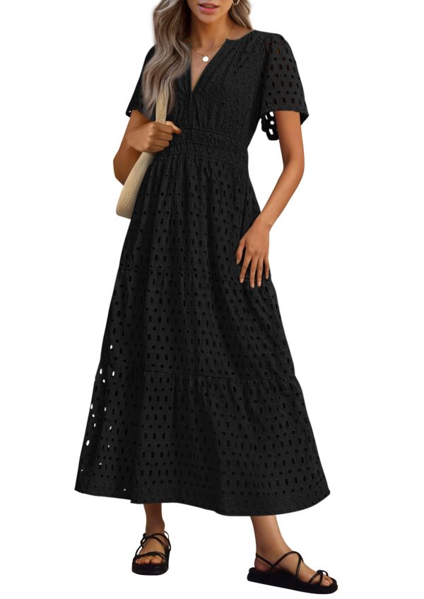 Womens 2025 Summer Maxi Dress Short Sleeve V Neck Hollow Out Eyelet A Line Long Flowy Beach Vacation Dresses