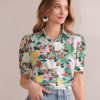 Women's Floral Print Short Puff Sleeve Blouse Elegant Collar Button Down Shirts Tops
