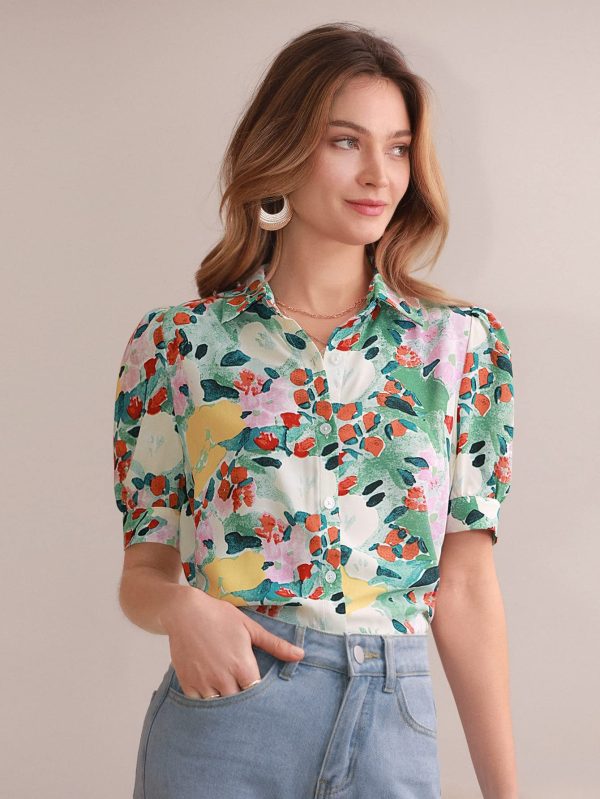 Women's Floral Print Short Puff Sleeve Blouse Elegant Collar Button Down Shirts Tops