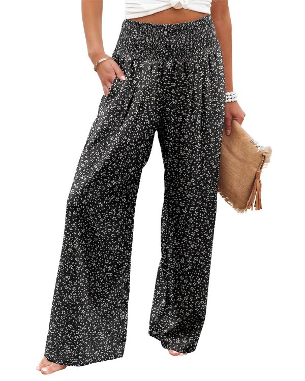 Womens Elastic High Waisted Palazzo Pants Casual Wide Leg Long Lounge Pant Trousers with Pocket