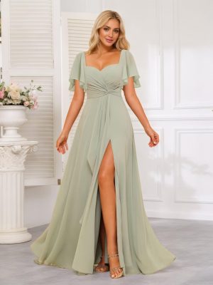 Women's Sweetheart Flutter Sleeves Bridesmaid Dresses with Slit A-line Short Sleeves Chiffon Formal Evening Dress