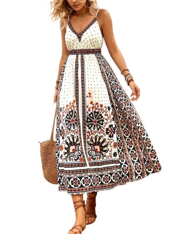 Bohemian Backless Spaghetti Strap Maxi Dress Ethnic Print Trendy Vacation Casual Long Dress for Women Summer Style