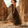 Women V-Neck Five Pointed Star Mesh Hanging Strap Perspective Temperament Long Dresses