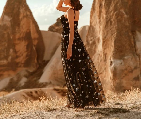 Women V-Neck Five Pointed Star Mesh Hanging Strap Perspective Temperament Long Dresses