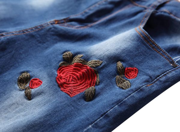 Men's Floral Embroidered Skinny Ripped Jean Pants Regular Fit Straight Jeans Vintage with Broken Holes Denim Trousers (Navy