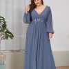 Women's Floor Length V Neck Lantern Sleeves Floral Applique Plus Size Formal Dresses for Curvy Women