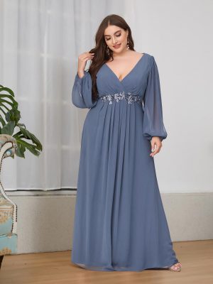Women's Floor Length V Neck Lantern Sleeves Floral Applique Plus Size Formal Dresses for Curvy Women