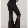 Women's Floral Lace Bell Bottom Pants Sheer Mesh Flare Leg Elastic High Waist Trendy Sexy Long Trousers