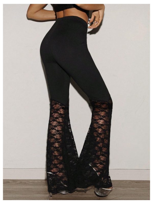 Women's Floral Lace Bell Bottom Pants Sheer Mesh Flare Leg Elastic High Waist Trendy Sexy Long Trousers