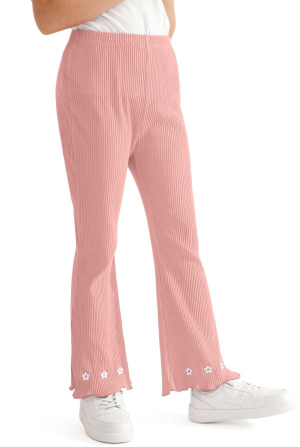 Girl's Fall Knitted Ribbed Bell Bottoms Pants Ruffle Flare Pants Floral Embroidery Trousers for Children's