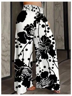 Women's Plus Size Floral Print Oversized Pants Elastic Waist Wide Leg Trousers