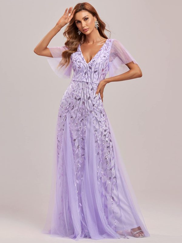 Women's Sequin Sparkly V-Neck Short Sleeve Maxi Evening Dress 00734