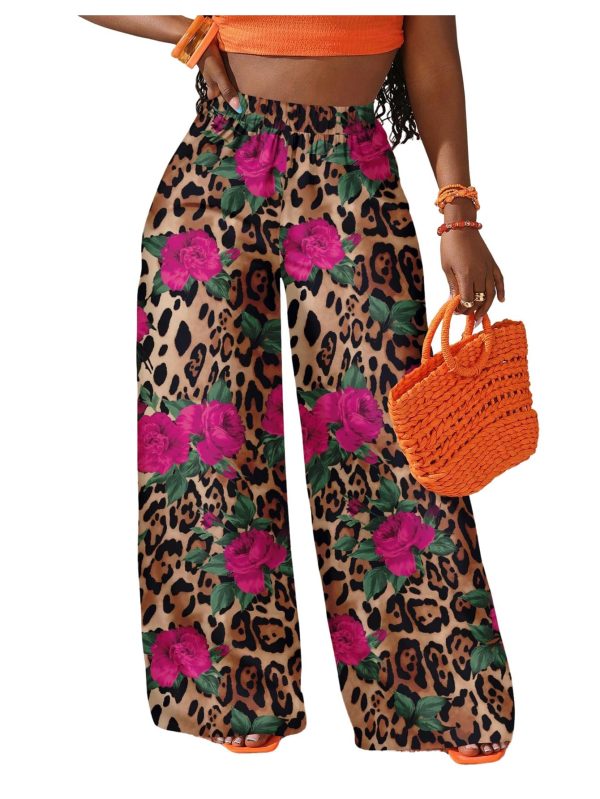 Women's Boho Palazzo Pants Leopard Floral Print High Waisted Wide Leg Baggy Casual Vacation Long Trousers