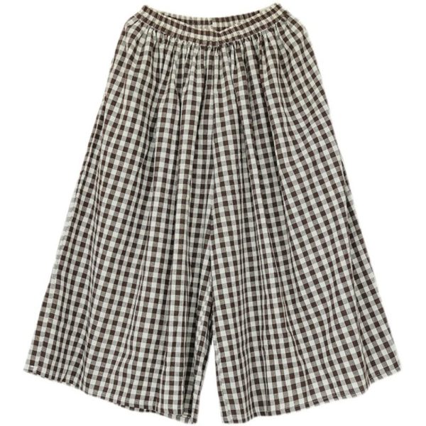 Women's Cotton Linen Pants Elastic Waist Plaid Gingham Wide Leg Capri Palazzo Pants