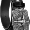 Western-Cowboy-Belts for Women Men Vintage Floral-Engraved Bull Head Buckle Cowgirl-Waist-Belt for 25 to 38" Waist