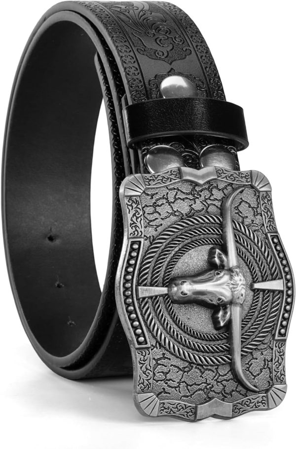 Western-Cowboy-Belts for Women Men Vintage Floral-Engraved Bull Head Buckle Cowgirl-Waist-Belt for 25 to 38" Waist