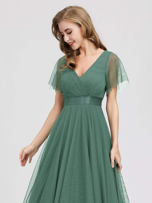 Women's Mother of Bride Dress Double V-Neck Empire Waist Front Wrap Tulle Bridesmaid Dress 07962