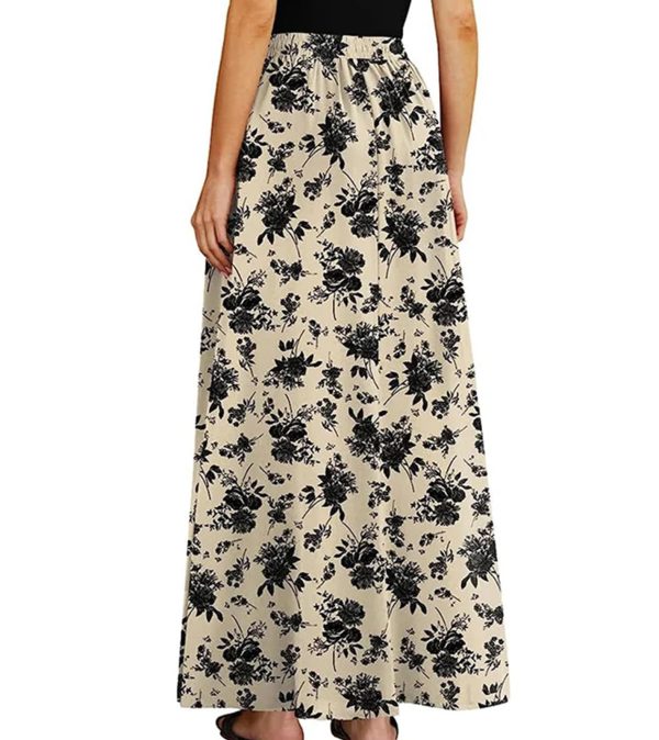 Women Floral Print Long Skirts Bohemian Style Holiday Elastic Waist Drawstring Large Swing A-Line Skirt