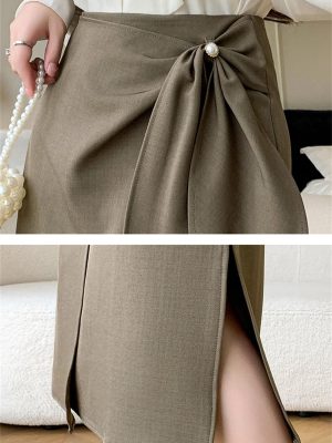 Women's Mid Length Skirts Vintage High Waist Buttons Decoration A-Line Long Skirts