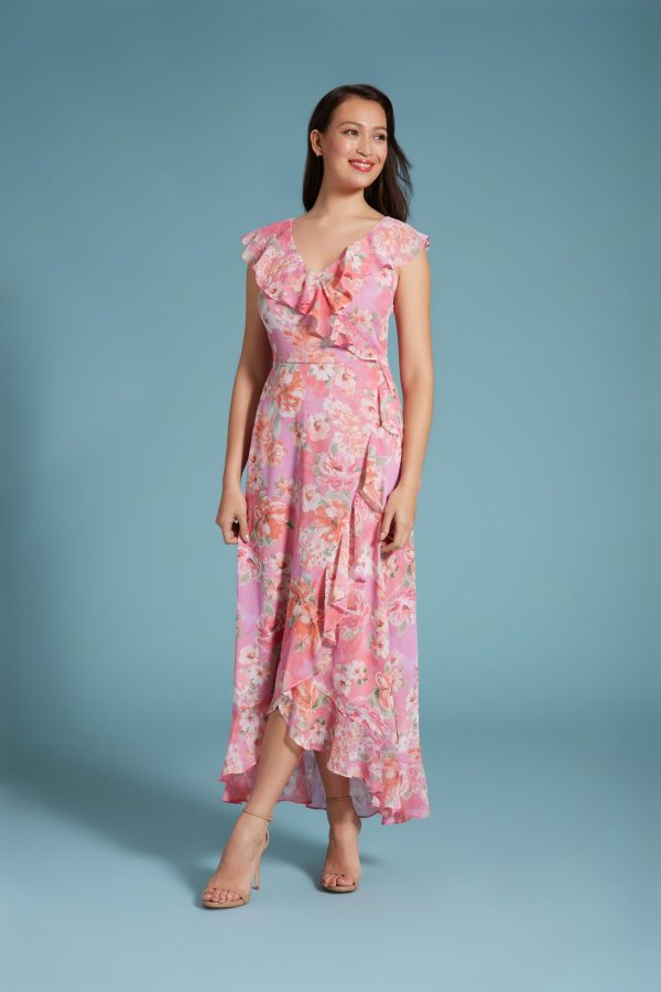 Women's Chiffon Faux Wrap Ruffle Maxi Dress Guest of Wedding