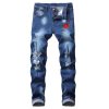Men's Floral Embroidered Skinny Ripped Jean Pants Regular Fit Straight Jeans Vintage with Broken Holes Denim Trousers (Navy