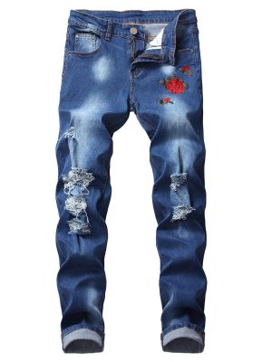 Men's Floral Embroidered Skinny Ripped Jean Pants Regular Fit Straight Jeans Vintage with Broken Holes Denim Trousers (Navy