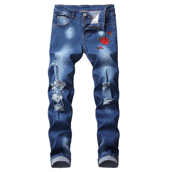 Men's Floral Embroidered Skinny Ripped Jean Pants Regular Fit Straight Jeans Vintage with Broken Holes Denim Trousers (Navy