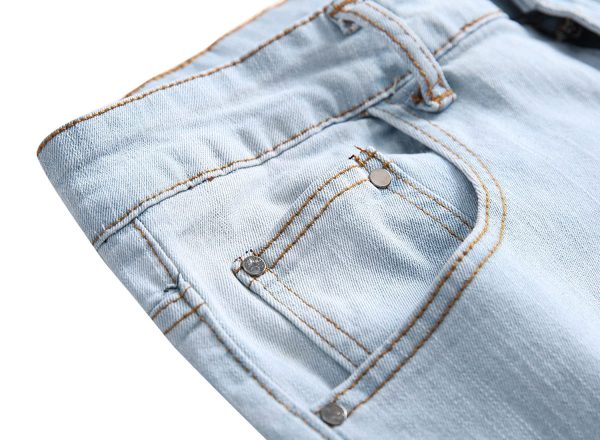 Men's Casual Embroidery Slim Fit Denim Pants Straight Personality Trendy Jeans Ripped Washed Stretch Skinny Trousers (Light