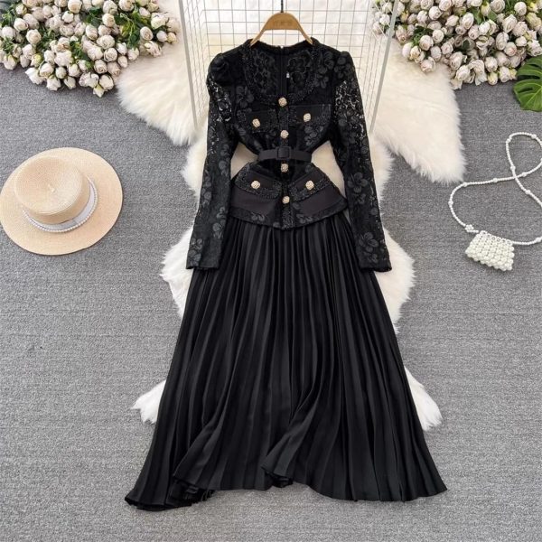 Women Summer Flower Embroidery Lace Chiffon Short Sleeve Single Breasted Midi Long Prom Dress