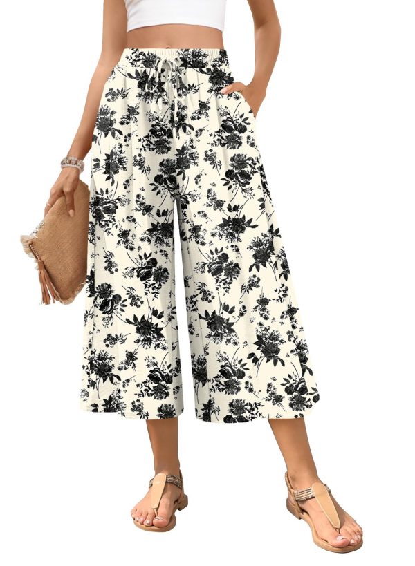 Womens Capri Pants Wide Leg High Waisted Palazzo Lounge Pants Drawstring Casual Trousers with Pockets
