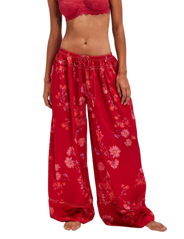 Women Summer Casual High Waist Wide Leg Pants Floral Print Palazzo Pant Flowy Lounge Beach Trousers with Pockets