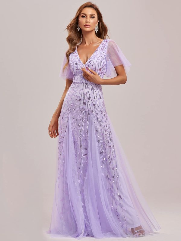 Women's Sequin Sparkly V-Neck Short Sleeve Maxi Evening Dress 00734