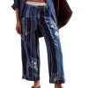 Striped Pants Women Floral Printed Wide Straight Leg Lounge Pant Mid Rise Drawstring Cropped Trousers