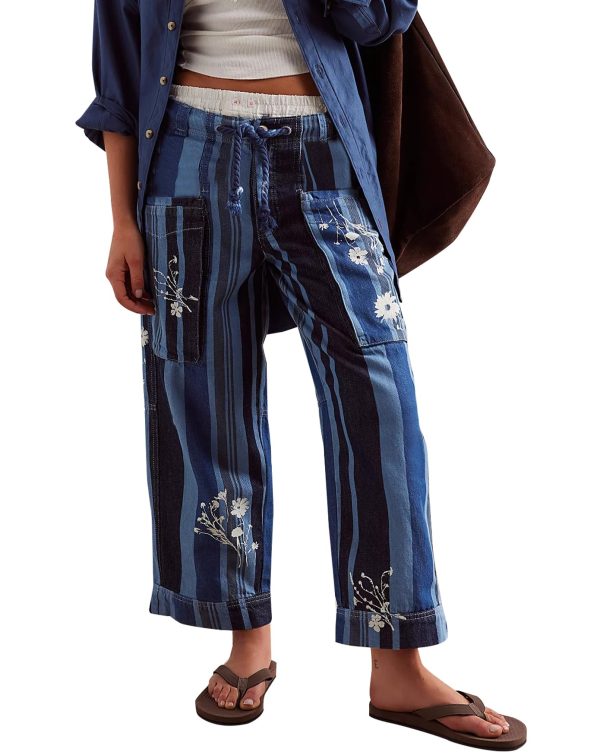 Striped Pants Women Floral Printed Wide Straight Leg Lounge Pant Mid Rise Drawstring Cropped Trousers