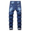 Men's Floral Embroidered Skinny Ripped Jean Pants Regular Fit Straight Jeans Vintage with Broken Holes Denim Trousers (Navy