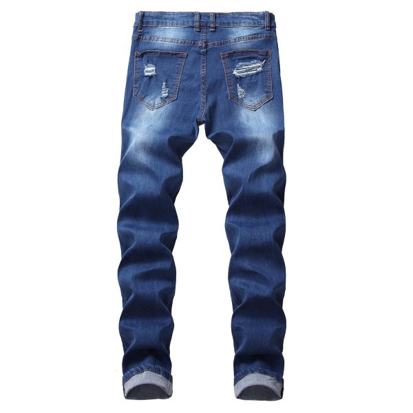 Men's Floral Embroidered Skinny Ripped Jean Pants Regular Fit Straight Jeans Vintage with Broken Holes Denim Trousers (Navy