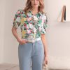 Women's Floral Print Short Puff Sleeve Blouse Elegant Collar Button Down Shirts Tops