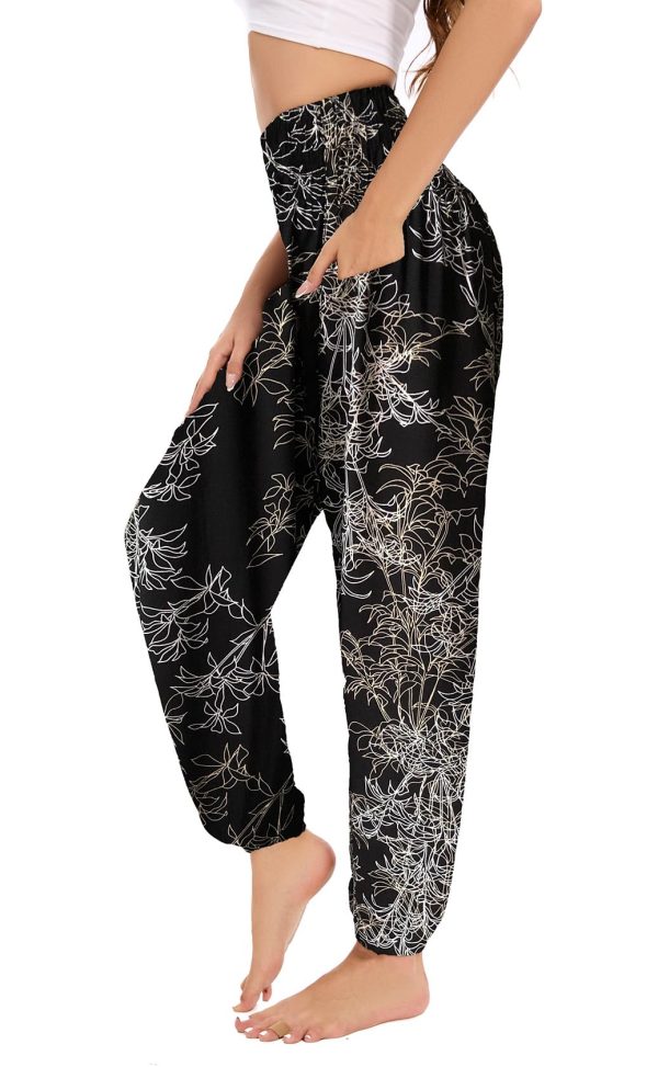 Women's Boho Harem Pants with Pockets, Smocked High Waist Hippie Flowy Trousers, Comfy Bohemian Clothes for Yoga