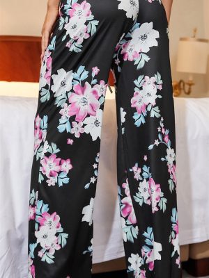 Women's Comfy Pajamas Drawstring Stretch Floral Print Long Wide Leg Lounge Pants
