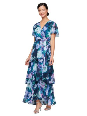 Women's Short Sleeve Tiered Skirt Long Maxi Dress with Surplice Neckline, Wedding (Petite and Regular Sizes)