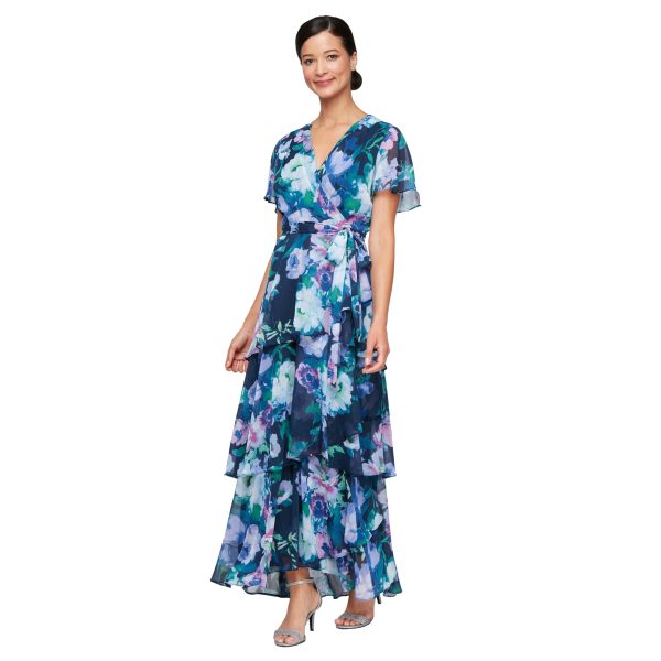 Women's Short Sleeve Tiered Skirt Long Maxi Dress with Surplice Neckline, Wedding (Petite and Regular Sizes)