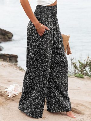 Womens Casual Loose Fit Palazzo Pants Elastic High Waist Lounge Long Pajama Wide Leg Trousers with Pocket
